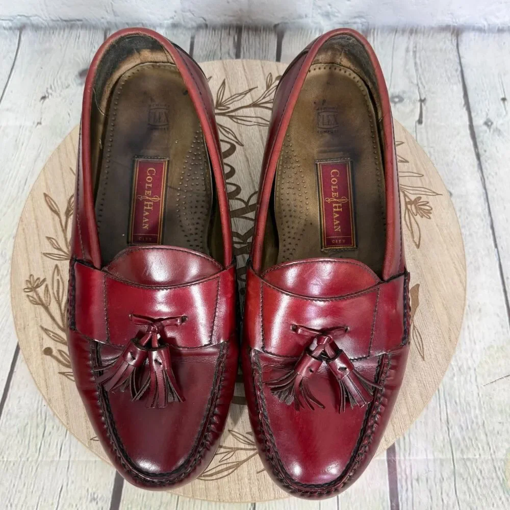 Cole Haan Pinch Tassel Loafers Men 10.5 Burgundy Oxblood Leather Dress Shoes